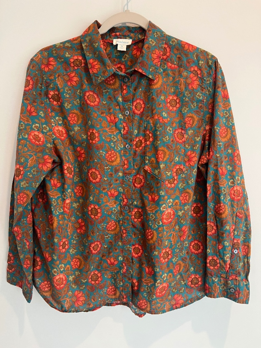 Sundance Petite Large (PL) Teal & Orange Floral 1005 Cotton Blouse